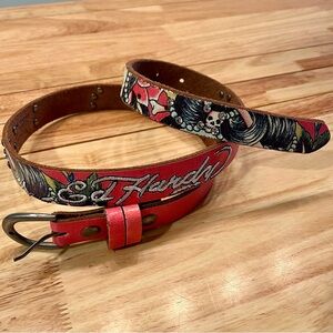 Ed Hardy Red and Black Leather Belt with Skull Art